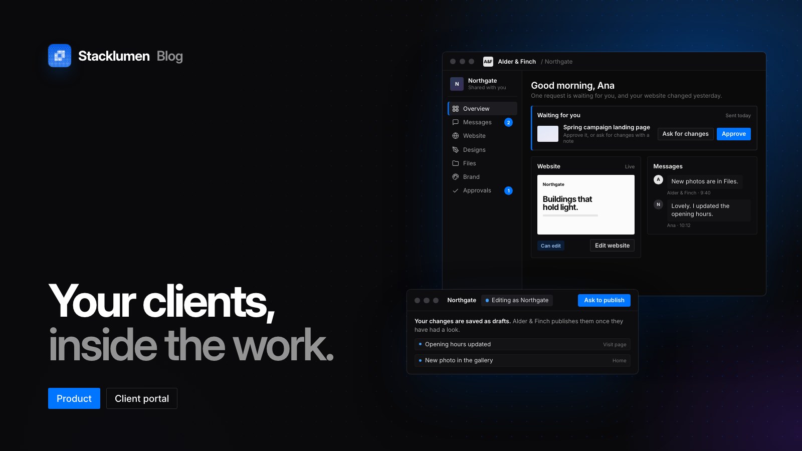 A client’s portal with a request waiting for approval and an Edit website button, and the designer’s Ask to publish bar, beside the words “Your clients, inside the work.”