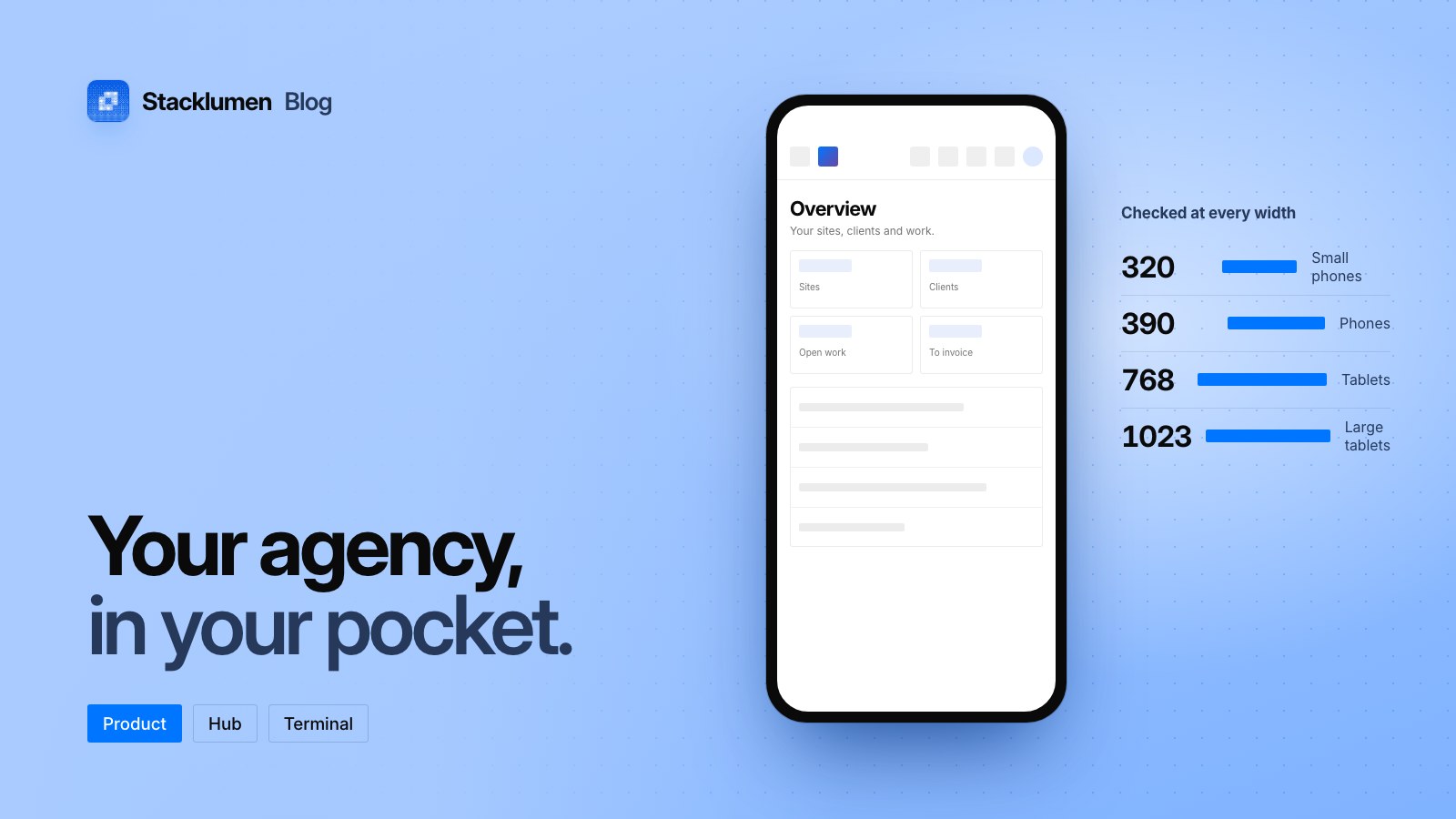 A phone showing the Hub’s Overview with its compact bar and figures in pairs, beside the widths every screen was checked at, 320 to 1023 pixels, and the words “Your agency, in your pocket.”