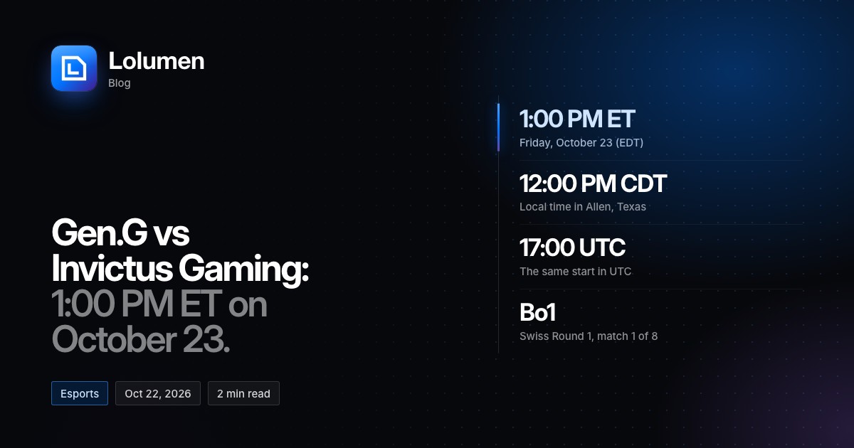 Gen.G vs Invictus Gaming: 1:00 PM ET on Friday, October 23, which is 12:00 PM CDT in Allen, Texas and 17:00 UTC. A best-of-one, Swiss Round 1, match 1 of 8.