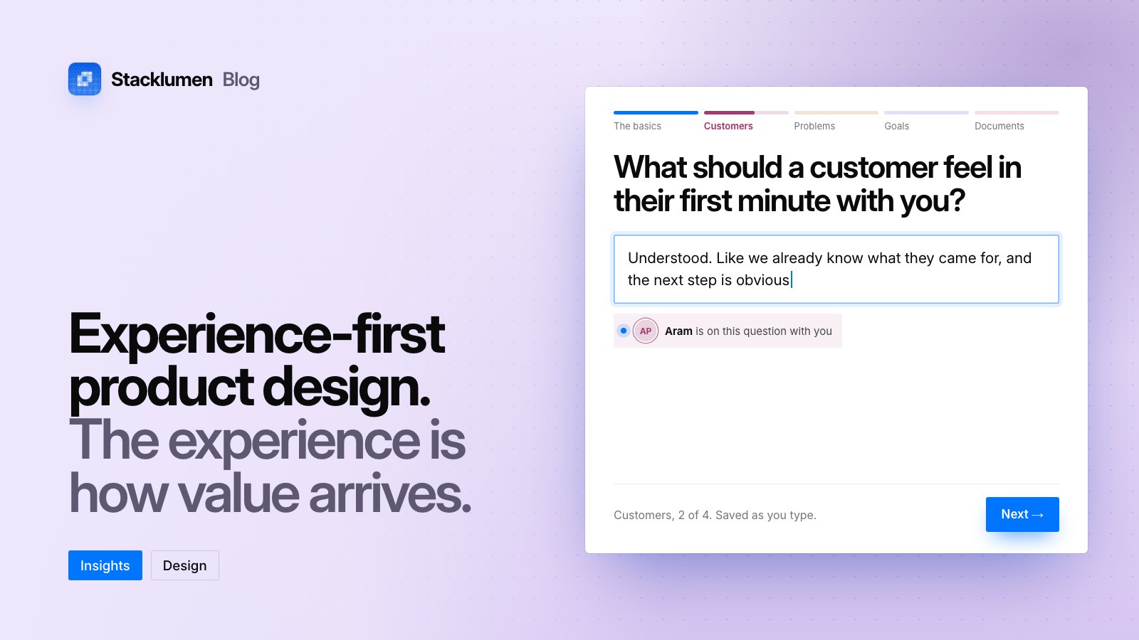 A guided strategy question on screen, one question at a time, with a second person joining live, beside the words Experience-first product design.