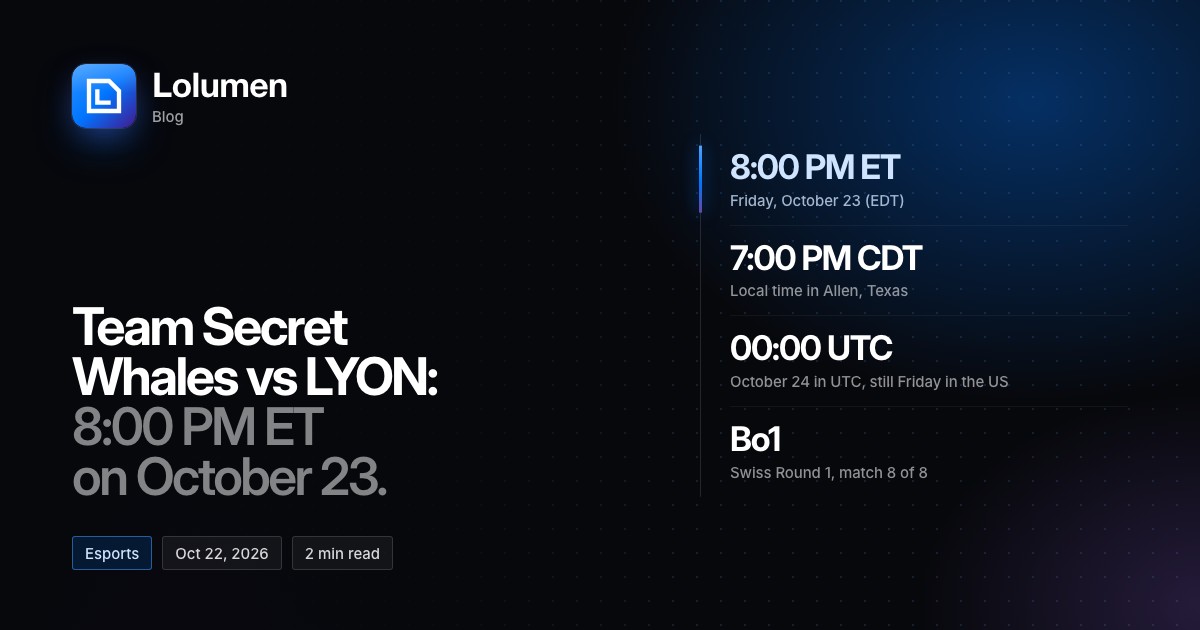 Team Secret Whales vs LYON: 8:00 PM ET on Friday, October 23, which is 7:00 PM CDT in Allen, Texas and 00:00 UTC on October 24. A best-of-one, Swiss Round 1, match 8 of 8.