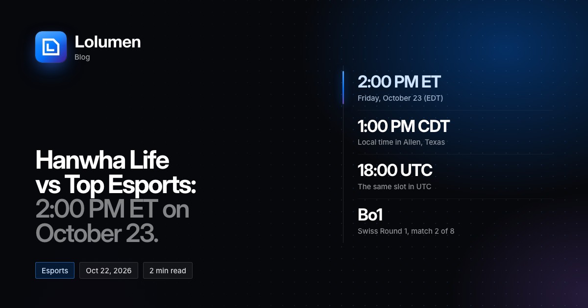 Hanwha Life vs Top Esports: 2:00 PM ET on Friday, October 23, which is 1:00 PM CDT in Allen, Texas and 18:00 UTC. A best-of-one, Swiss Round 1, match 2 of 8.
