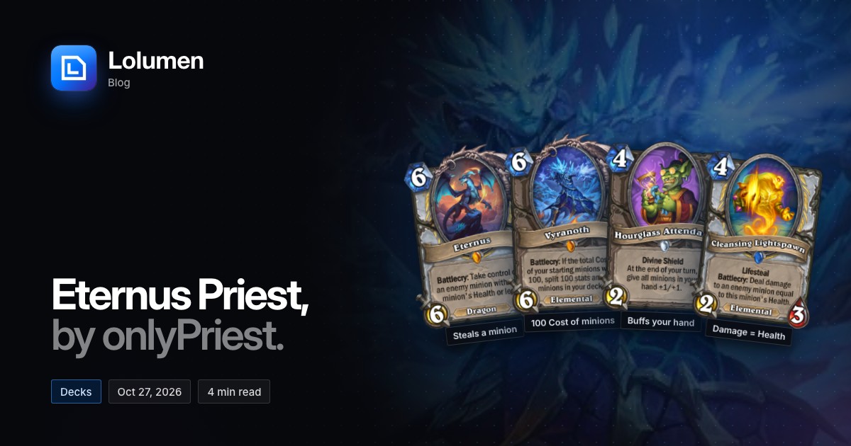 Eternus, Vyranoth, Hourglass Attendant and Cleansing Lightspawn, beside the title Eternus Priest, by onlyPriest.